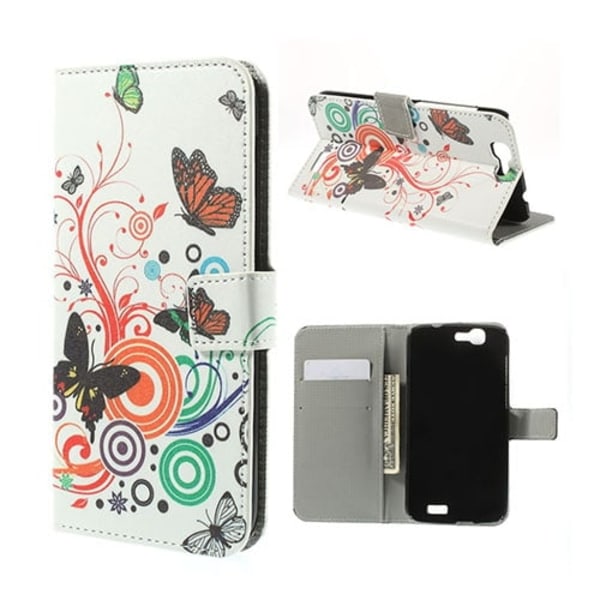 Moberg Huawei Ascend G7 Läder Flip Fodral - Fjärilar Och Ringar multifärg