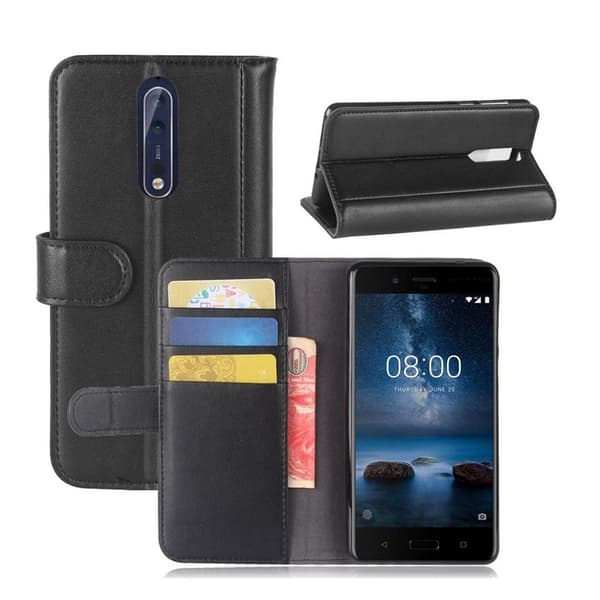 Nokia 8 Ekte Lær Folio Etui - Svart Black