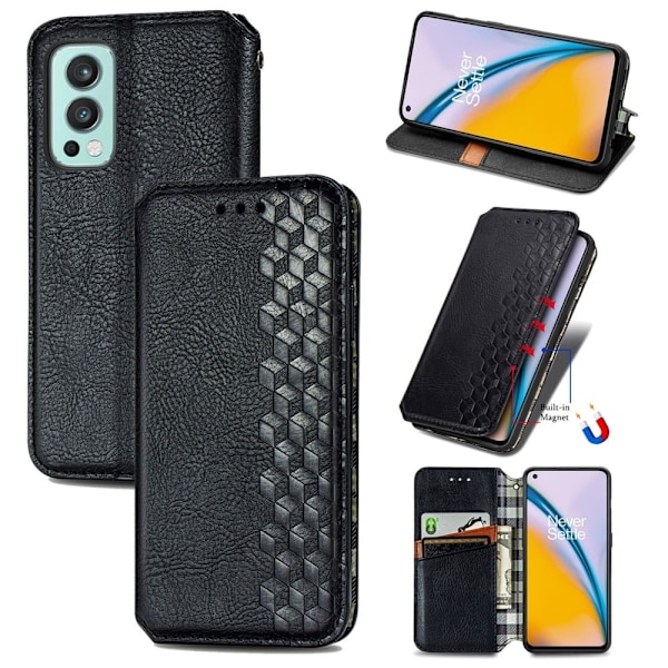 Läder OnePlus Nord 2 5G fodral med romb-design - Svart Svart