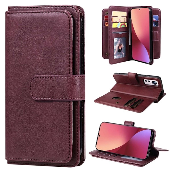 Xiaomi 12X / Xiaomi 12 10-paikkainen lompakkokotelo - Viininpunainen Red