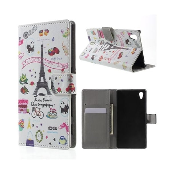 Moberg Sony Xperia Z5 Nahkakotelo - Eiffel Torni Ja Hedelmä Multicolor
