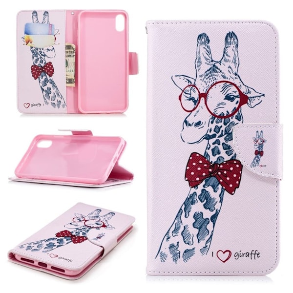 iPhone XS Max mobilfodral syntetläder silikon plånbok stående tryckmönster - Giraff bär glasögon multifärg