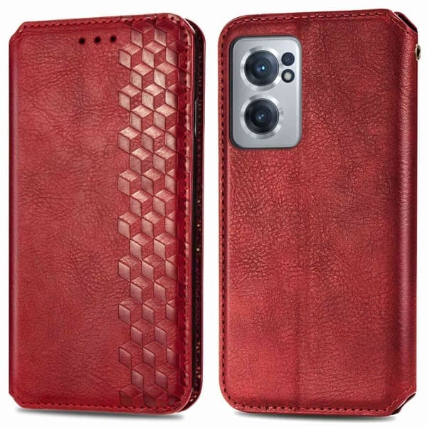 Læder Etui med A Stilfuldt Rhombus Tryk til OnePlus Nord CE 2 5G - Rød Red