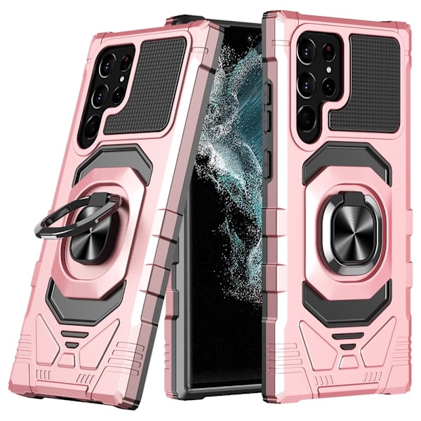 Slitstarkt hårdplastskal med mjuk insida och kickstand för Samsung Galaxy S22 Ultra - Roséguld Rosa