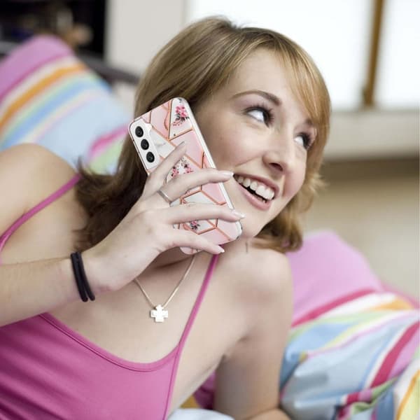 Marble Samsung Galaxy S23 Plus Etui - Rosa Blomster Pink