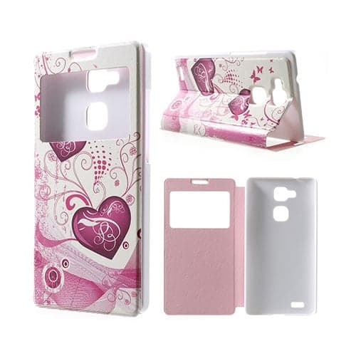 Moberg View Huawei Ascend Mate7 Lær Flipp Etui - Hjerte Blomster Multicolor