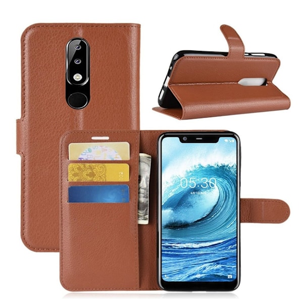 Nokia 5.1 Plus mobilfodral syntetläder silikon stående plånbok litchi - Brun Brun