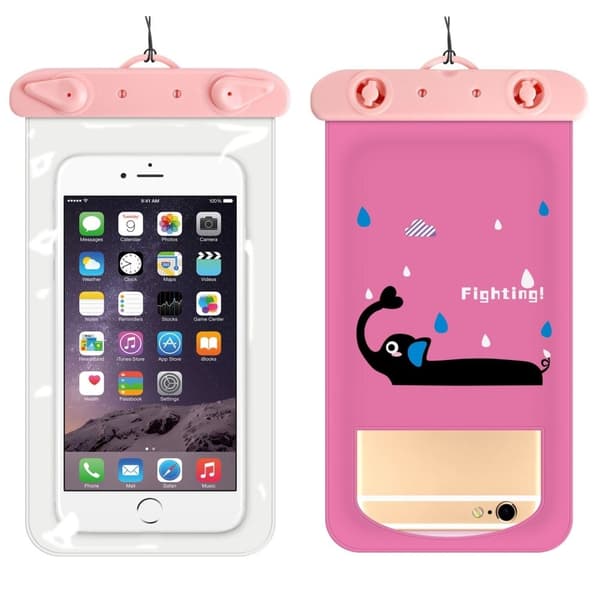 Universal cartoon pattern waterproof pouch for 6-inch smartphone with strap - Pink Elephant Pink