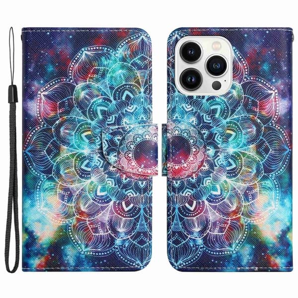 Wonderland iPhone 14 Pro Läppäkotelo - Starry Sky / Mandala Multicolor