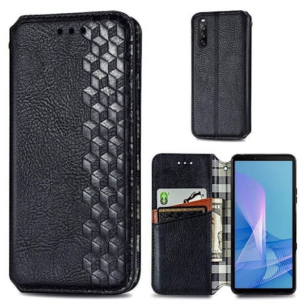 Læder Etui med A Stil Rhombus Imprint til Sony Xperia 10 Iii - Sort Black