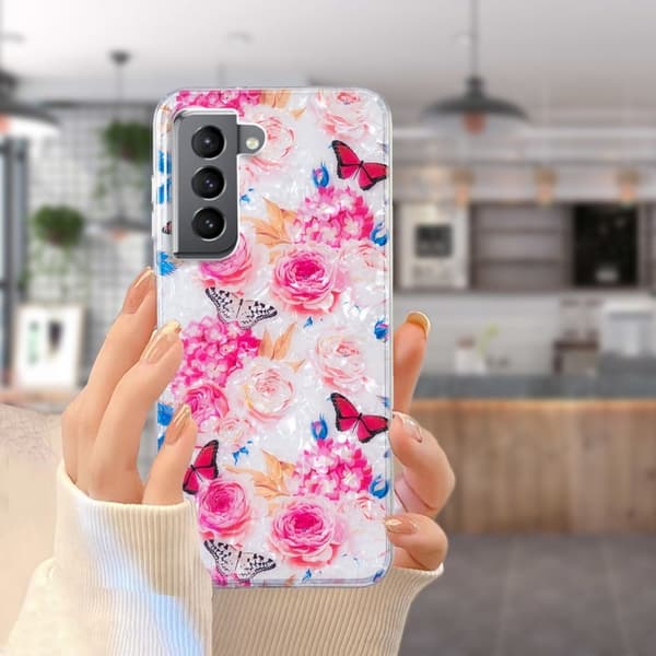 Marble Samsung Galaxy S21 Plus 5G Etui - Fargerik Sommerfugl Pink