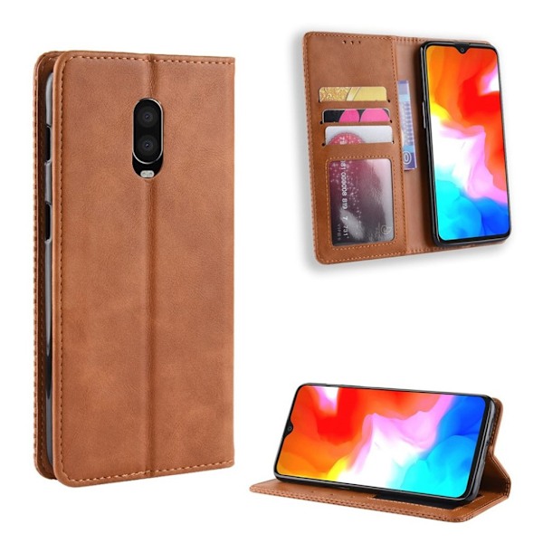 OnePlus 6T vintage stil læder flip etui - Brun Brown