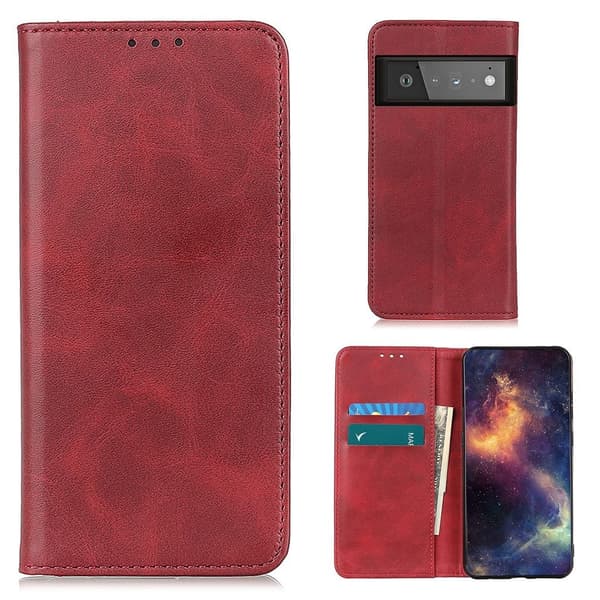 Google Pixel 6 Pro flip etui i ægte læder med pung – Rød Red