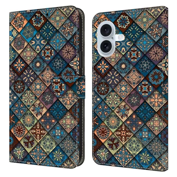 iPhone 16 Plånboksfodral Mönster Tryck Stativ Läder Flip Phone Cover - Blå Blommor Blå