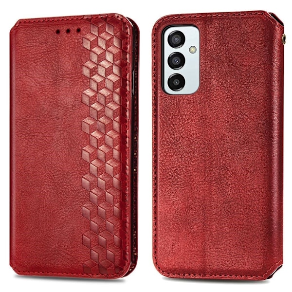 Samsung Galaxy M23 nahkainen kotelo tyylikkäällä kuutiokuvioinnilla - Punainen Red
