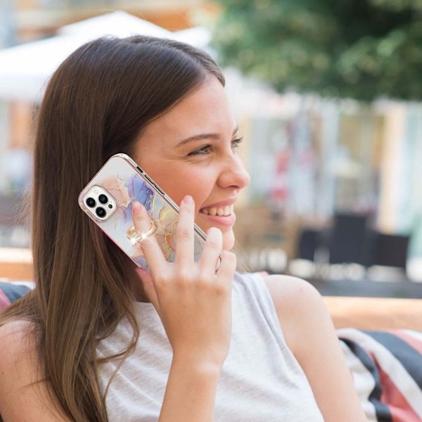 Marble Patterned Suojakuori With Ring Holder For iPhone 14 Pro - Milky Way Marble White Multicolor