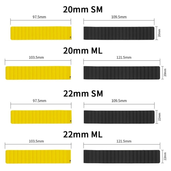 22mm Universal silicone watch strap - Black / Yellow Size: S Svart
