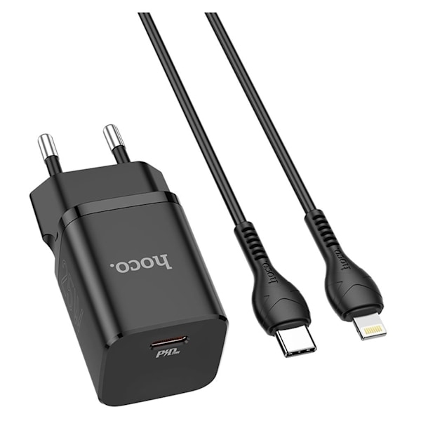 N19 Rigorös PD25W-laddare (Type-C till Lightning) (EU) - Svart Svart