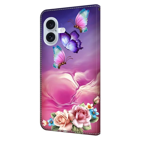 iPhone 16 Plus Plånboksfodral Mönster Tryck Stativ Läder Flip Telefonskal - Blommig Fjäril Rosa