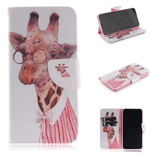 iPhone Xs Max mønstret læder flip cover - Sød Giraf Multicolor