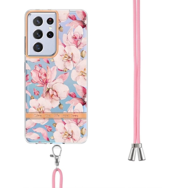 Slankt og holdbart softcover med lanyard til Samsung Galaxy S21 Ultra 5G - Lyserød Gardenia Pink