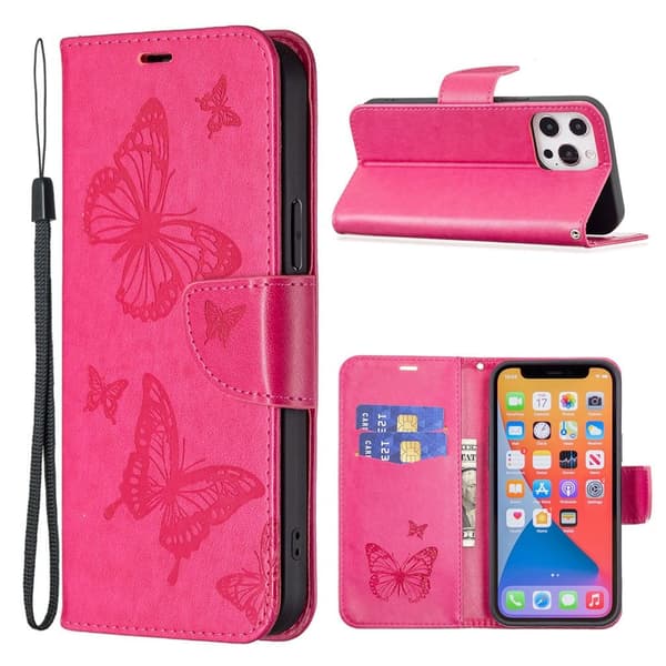 Butterfly läder iPhone 13 Pro fodral - Rosa Rosa