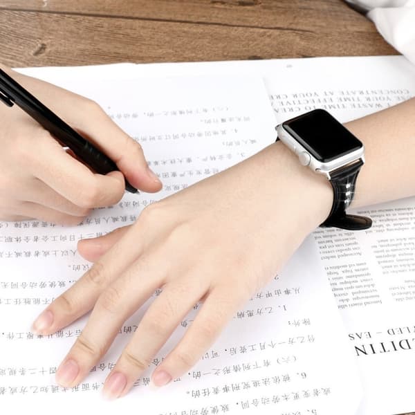 Apple Watch Series 5 44mm krystal ægte læder Urrem - Sort Black