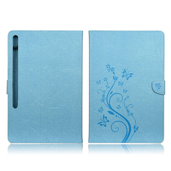 Samsung Galaxy Tab S7 Plus Butterflies Imprint Lær Etui - Blå Blue