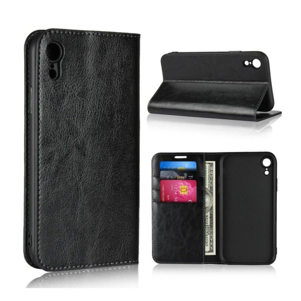 iPhone Xr Äkta läder plånboks mobilfodral - vildhäst texture  - Svart