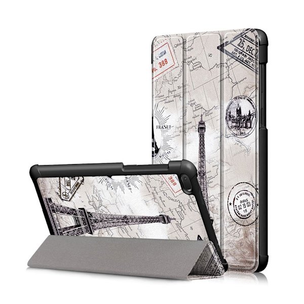 Lenovo Tab E7 mønstered læder flip etui - Eiffel Tårn og Landkort Silver grey
