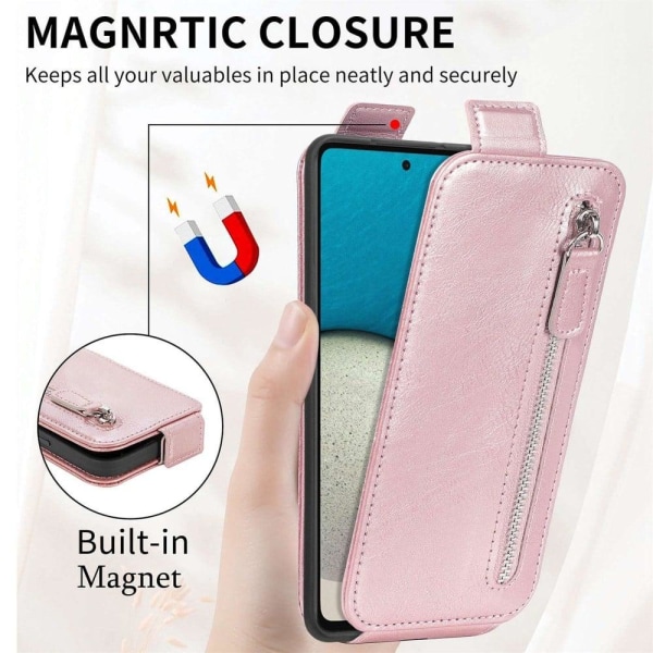 Vertical Flip Phone Suojakotelo With Zipper For Samsung Galaxy A73 - Ruusukulta Pink