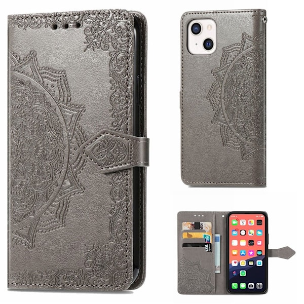 Mandala iPhone 13 etui i lær - Grå Silver grey