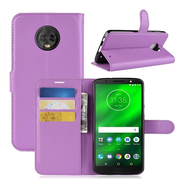 Motorola Moto G6 Plus mobiletui i lædermateriale med smuk Litchi overfalde samt stativ og lomme til penge - Lilla Purple