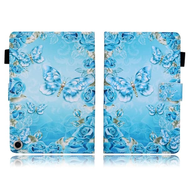 Amazon Fire HD 8 (2020) stylish mønster læder flip etui - blå sommerfugl og blomst Blue