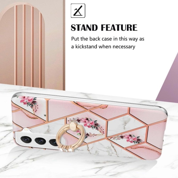 Marble Mønstret Cover med Ring Holder til Samsung Galaxy S22 Plus - Lyserøde Blomster Pink