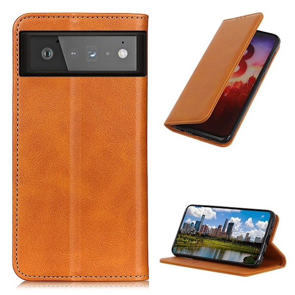 Google Pixel 6 flip etui i ægte læder med pung – Brun Brown