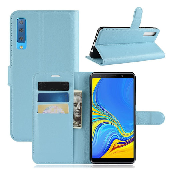 Samsung Galaxy A7 (2018) flipfodral i litchi skin-läder - Blå Blå