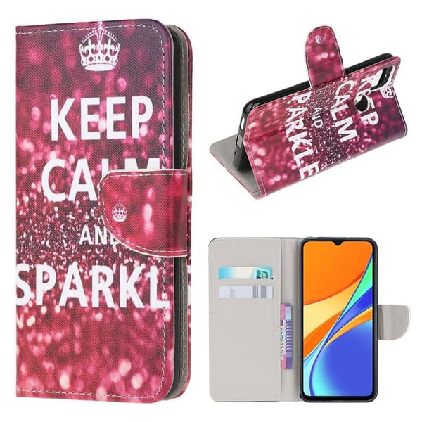 Wonderland Xiaomi Redmi 9C Flippetui - Keep Calm og Sparkle Red