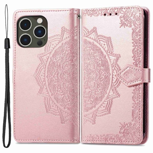 Mandala läder iPhone 14 Pro fodral - Rosa Rosa