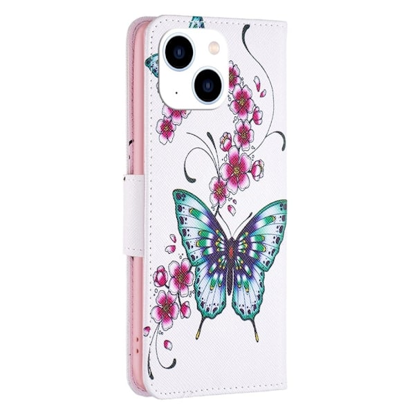 Wonderland iPhone 14 flip etui - Ferskenblomst Og Sommerfugle Multicolor