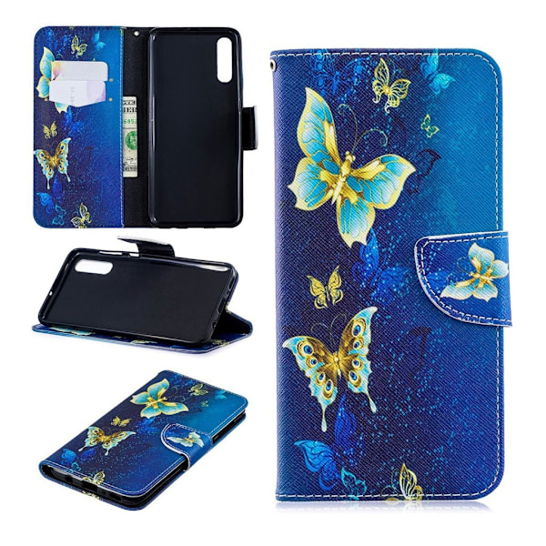 Samsung Galaxy A70 mønstret lædercover - blå sommerfugle Blue