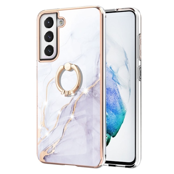 Marble Patterned Suojakuori With Ring Holder For Samsung Galaxy S21 FE - Valkoinen Marble Haze White