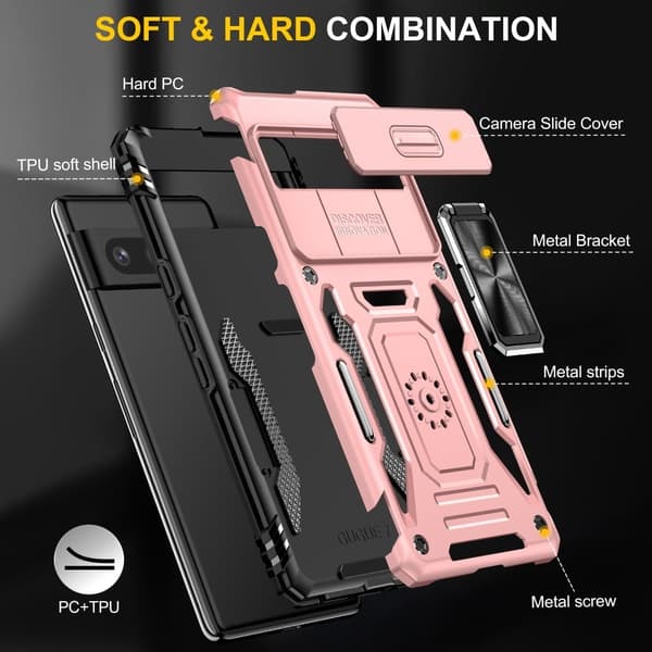 Armor Series Google Pixel 9-etui Støtsikkert og fleksibelt telefondeksel med kickstand og skyvbart linseskjerm - Rose Gull Pink