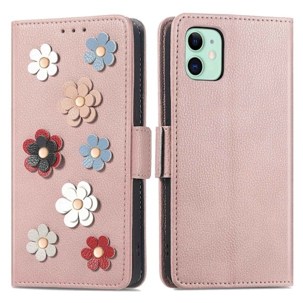 Pehmeä kukkakoristelu nahkakotelo iPhone 12 Mini - Ruusukulta Pink