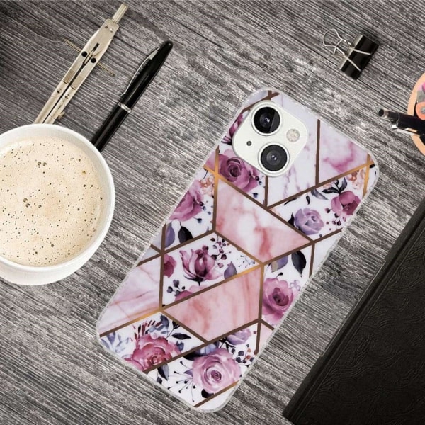 Marble design iPhone 14 cover - Elegant Flise Med Roser Pink