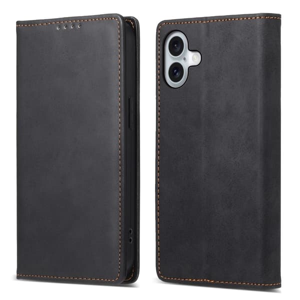 DF-05 iPhone 16 Plus-etui RFID-blokerende vegansk læderpung-telefon cover - Sort Black