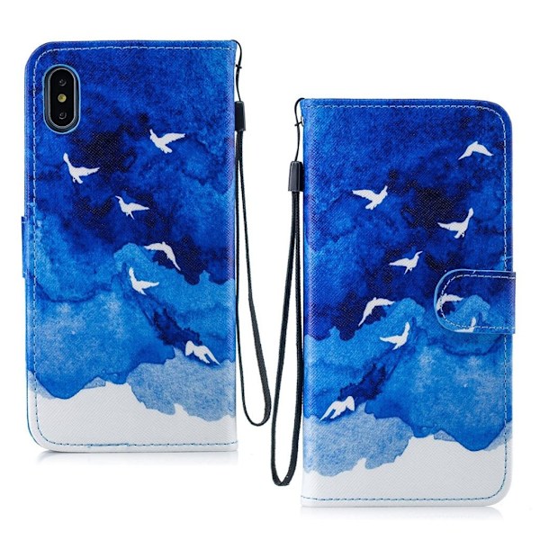 iPhone Xs Max Synteetti nahkainen kuviollinen taivutettava lompakko suojakotelo - Linnut Blue