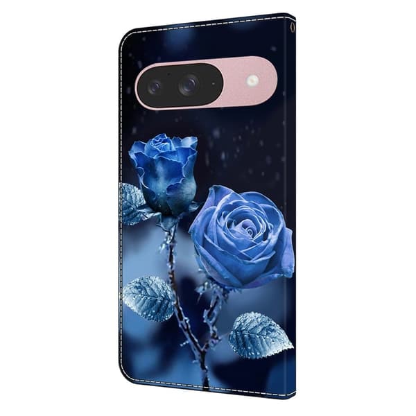 Google Pixel 9 / 9 Pro lommebokveske med mønsterutskrift stativ lær flip-telefondeksel - Blå Roser Blue