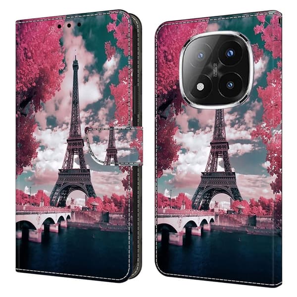 Xiaomi Redmi Note 14 Pro 4G plånboksfodral mönster tryckning stativ läder flip telefonskydd - Eiffeltornet Rosa