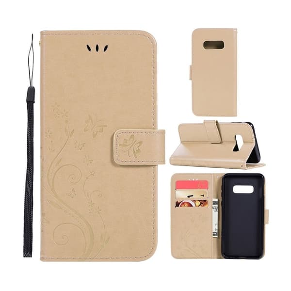 Samsung Galaxy S10 Plus  sommerfugle- og blomstertryk læder flip etui - Guld Gold